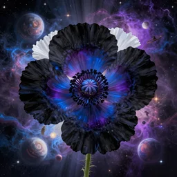 black, blue, white, purple papaverum flower, extremely beautiful is floating and merging among many nebula stars, planets, symmetrical composition, by gediminas pranckevicius, jacek yerka, rob gonsalves, peter gric, digital painting, octane rendered, crepuscular rays, neon colors vibrant colors, trending on artstation