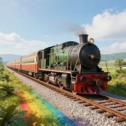 old train cruising through rainbow road, unreal engine, octane render, wide shot, highly detailed, intricate, 8 k