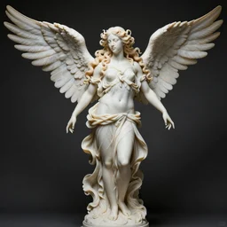 Full body Portrait of Lucius as Nike Goddess, pale blond porcelain beauty, extremely pale white skin, long luxurious curly blond hair, large wings, luxuriant, dreamy, eternity, romantic, strong pose, highly detailed, in the style of Franz Xaver Winterhalter, highly detailed, in the style of Aetherpunk