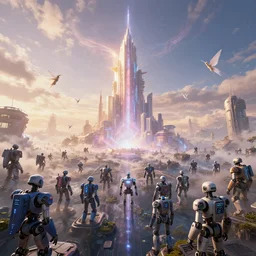 a centered render digital materverse utopia in the sky, shining its light across a tumultuous robot sea of digital robots and fairy, cyber punk, futurism, unreal engine, high detailed, 8 k, magic hour