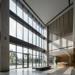 a beautiful office building lobby with sleek modern design by SOM with large windows