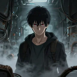 1 9 9 6 anime dystopian movie still : : virtual mechanical hall interior art : : young guy villain red eyes : : rusty future cables lab shadowed background : : staring angrily, fog and smoke