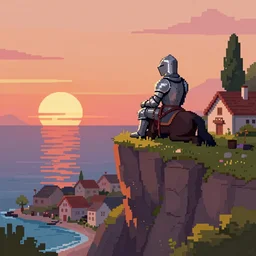 a knight rests on a cliff above a cozy and cute seaside village at sunset, dramatic lighting, 1 6 bit cover art, trending on artstation