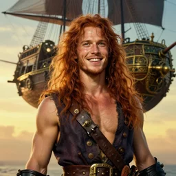 realist portrait painting of a young rugged joyful long long hair soft hair crimson hair male pirate minimalist clothing upper body elegant muscular rugged handsome steampunk wood brass ornate mechanical zeppelin airship in upper background sky sunset golden hour fantasy rugged character art atmospheric lighting art by mucha rutkowski artgerm