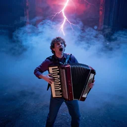 dwight schrute playing the accordion with a vengance and yelling, dramatic scene, heavy blue fog, red lightning, ultra wide angle, movie still, photorealistic, stranger things, netflix, upside - down, colorful lighting, grainy, aerial shot, shot from above, movie still