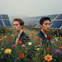 portrait of field solar panels flowers growing between, colorful, modern art deco, mads berg, christopher balaskas, victo ngai, low fog, fine texture, detailed, muted colors, dramatic lighting, dynamic composition, matte print, wide angle, moody, stippled, film grain