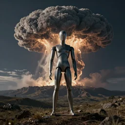 a mannequin standing in a hill, nuclear mushroom cloud in the background, 3 d render, octane, ray tracing, ultra detailed, photorealistic, ultra high resolution, 8 k, night time