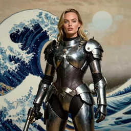 Margot Robbie wearing metal gear armor holding gun dramatic lighting art by Richard Schmid by Hokusai by Yoji Shinkawa by greg rutkowski by Sandra Chevrier by Jeremy Lipking cinematic dramatic