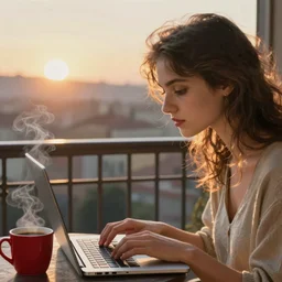 sunrise on the balcony. a jouous young woman with messy hairstyle is typing on her laptop. half of her body can be seen. a red coffee mug can be seen on the table next to the laptop. steam is coiming out of the coffee mug. sunlight is beautifully lighting the face. depth of field, in the sun, backlit, closeup, oil on canvas, art by botticelli 1 4 9 9, in the style of the birth of venus, smooth, renaissance, florentine painting, 8 k