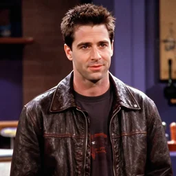 ross geller wearing a leather jacket, grainy 3 5 mm photo,'friends'9 0 s tv show screenshot, painting by james gurney