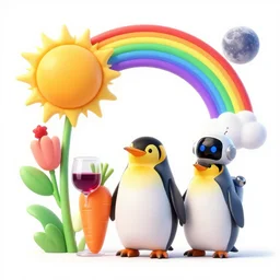 flower, sun, rainbow, moon, wine, penguin, carrot, robot, Galaxy, high detailed, 4k, Photorealistic
