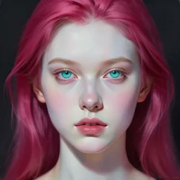 A portrait of a girl, white skin, turquaz eyes, symetrical face structure, Wlop painting style, Long magenta haire, Ross Draws, Peter Xiao
