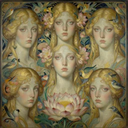 breathtaking detailed concept art painting art deco pattern of blonde faces goddesses amalmation lotus flowers with anxious piercing eyes and blend of flowers and birds, by hsiao - ron cheng and john james audubon, bizarre compositions, exquisite detail, extremely moody lighting, 8 k