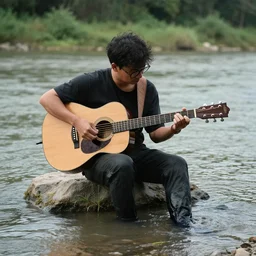 a man playing the guitar in the river