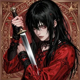 beautiful aesthetic gerard way revenge era 2005 emo holding bloody knife, red and black catholic, black hair, intricate, elegant, highly detailed, digital painting, artstation, concept art, smooth, sharp, focus, illustration, art by artgerm and greg rutkowski and alphonse mucha