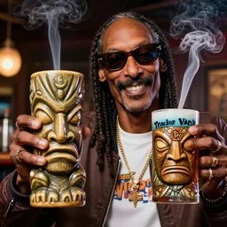 a closeup photorealistic photograph of happy stoned smoking snoop dogg at trader vic's bar holding up a trader vic's tiki mug featuring snoop dogg's face. tiki culture. brightly lit scene. this 4 k hd image is trending on artstation, featured on behance, well - rendered, extra crisp, features intricate detail, epic composition and the style of unreal engine.