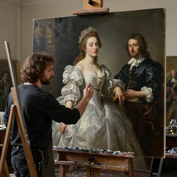a painter in his studio painting a picture of belle delphine by edgar maxence and caravaggio and michael whelan and delacroix style, artistic, intricate painting, cinematic lighting, hyper realistic, extremely detailed, establishing shot, 8 k resolution, dramatic lighting
