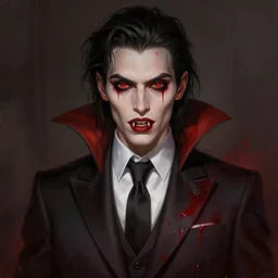 portrait of riley keough as a vampire in a bloody business suit, blood red eyes, vampire fangs, fantasy, intricate, elegant, highly detailed, digital painting, art by aenaluck and roberto ferri and greg rutkowski, epic fantasy, digital painting