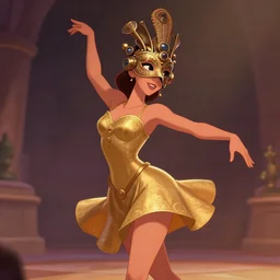 a animation fantasy illustration of a beautiful ancient dancer wearing a beautiful intricately detailed steam punk crow mask and clasical gold short dress, by nathalia suellen, artstation, disney, beautiful dynamic epic lighting, shadows, romantic atmosphere, artstation, cartoon art, octane render, 8 k
