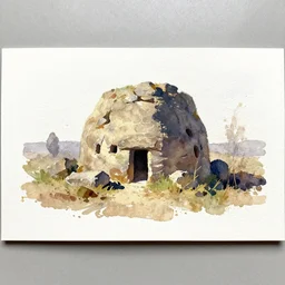 small centered on white watercolor paper, paint brush strokes, abstract watercolor painting of prehistoric stone house, midday sharp light, dust, cinematic light, american romanticism gouache by hans dahl, by jesper ejsing, by anders zorn, by greg rutkowski, by greg manchess, by tyler edlin