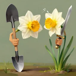 a daffodil with fangs and arms wields a shovel as if to attack the viewer, only to be defeated by another flower wielding a sword, digital art