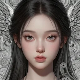 closeup portrait perfectly detailed of a beautiful mysterious girl, wings around head, cute eyes, swirly intricate linework background by stanley artgerm lau, smooth, digital painting, by greg rutkowski and james jean, zbrush, trending on artstation, unreal engine 5