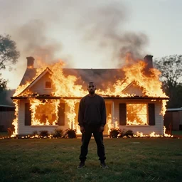 a photo of kanye west standing by a burning house, dramatic, ektachrome, vintage, wide angle, warm color palette, light mode, 2. 5 - dimensional, 1 6 k, ultra - hd, megapixel, cga, rays of shimmering light, screen space reflections