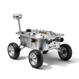 silver lunar rover, studio product photography, isolated on a pure white background, centered, entire object in frame, sharp focus, soft studio lighting