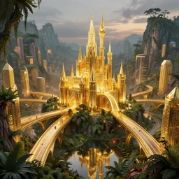 futuristic shinny golden castle in a mountain with jungle cityscape surrounded by sculpted roads, golden buildings bridges with creepy overgrown vegetation at castlevania, golden buildings by santiago calatrava and zaha hadid, glowing reflections, at dusk, octane render redshift unreal engine, composition by mike mignola, artstation behance cgsociety weta,