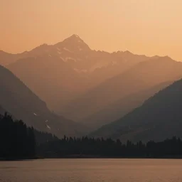 majestic mountain range, lake in the foreground, orange - ish haze, photo taken with sony alpha 7 iii, photo by marc adamus