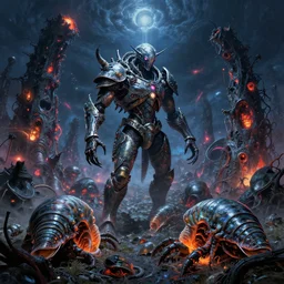 armored mollusks in atomic destroyed fluorescent landscape of hell, cinematic, hyper detailed by shigaru komatsuzaki epic masterpiece by wayne d barlowe