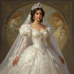 full photograph of a el salvadoran woman in a wedding dress, deep focus, intricate, elegant, regal, highly detailed, digital painting, artstation, concept art, matte, sharp focus, illustration, d & d, fantasy, hearthstone, art by artgerm and greg rutkowski and alphonse mucha