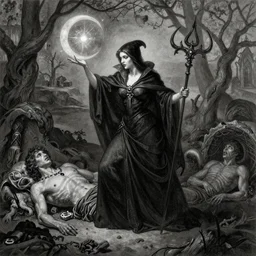 a beautiful female necromancer raising the dead by gustav dore