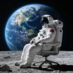 Astronaut sitting in a Chair on the Moon looking at Earth, trending on artstation, artstationHD, artstationHQ, unreal engine, 4k, 8k