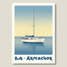 a neo retro poster a boat at bassin d'Arcachon, australian tonalism, pale gradients design, matte drawing, clean and simple design, outrun color palette. painted by Morandi, Agnes Pelton