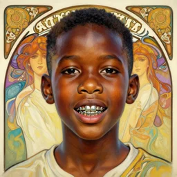 colourful upper half portrait of an african boy with sliver teeth grillz, art by hsiao - ron cheng & alphonse mucha, highly detailed, digital painting, ray tracing, concept art, illustration, smooth sharp focus, intricate, symmetry, artstation,