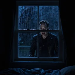 dark photo of dark blue rainy bedroom window at night, creepy face of elon musk staring in through the window, horror,