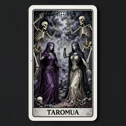a tarot card of a two female necromancers, raising skeletons, ominous nighttime storm, fantasy, d & d, intricate, elegant, highly detailed, digital painting, artstation, concept art, matte, sharp focus, illustration, art in the style of disney