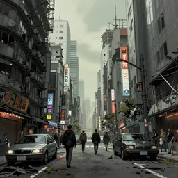 detailed ultra - realistic graphic novel illustration of cyberpunk postapocalyptic desolate tokyo street by edward hopper, cinematic, full shot, ian miller, wayne barlowe, beksinski, giger, greg rutkowski