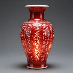 beautiful red and white vase covered in occult glyphs that are glowing with a malevolent energy