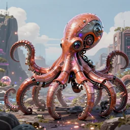 portrait of a a mechanical octopus in a scenic environment by jesper ejsing, cyberpunk, mechanical parts, electric sparks, trending on artstation