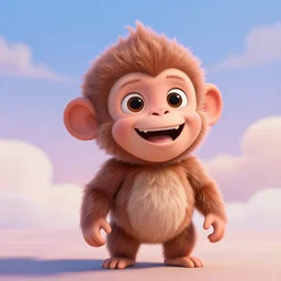 3D Pixar movie animation render of the cutest little fluffy monkey capuchin with a big lovely grin smile sweet adorable cherub, octane render, pastel colors, soft clouds and soft gradient background