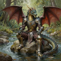 One dragon dressed in armor sitting on a rock within a woodland creek, highly detailed, trending on pixiv, realistic oil paint artwork made in 2020.