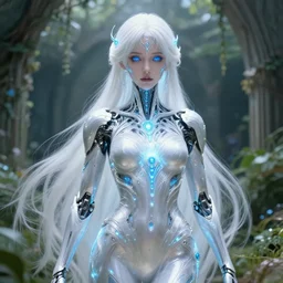holy cyborg necromancer girl, elegant, scifi, futuristic, utopia, garden, atmosphere, white hair, blue eyes, extreme detail, glow, intricate, full of colour, cinematic lighting, trending on artstation, detailed, 4 k, art by yuhong ding and chengwei pan and serafleur and ina wong