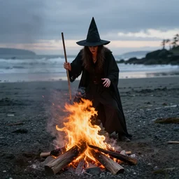 witchcraft performed with a fiery pit at the beach of the vancouver island, photography