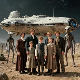 sharp, 35mm still from a sci fi blockbuster color movie made in 2022, set in 1860, of a family standing in front of a spaceship that has just landed on an alien planet, a humanoid alien creature stands nearby, the family are all wearing 1850s era clothes, 4k, in focus, extremely good quality lighting, good quality photography, A list cast, famous actors, famous actresses, oscar winner