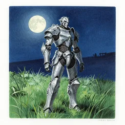 warframe standing in a field of grass at night, night time, moonlight, dark blue sky, finely illustrated, highly detailed, colored pencil, good value control, good edge control, watercolor, anime, animation, william - adolphe bouguereau, john singer sargent, 8 k, segmented armor, segmented organic armor,