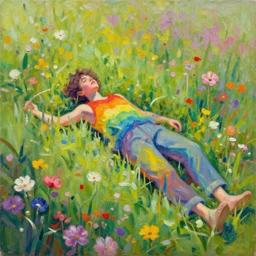 rainbow person laying in a flower meadow, colorful oil painting