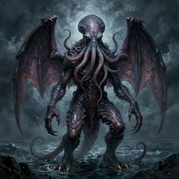 A beautifully detailed and creative painting of Cthulhu, an anthropoid monster, with an octopus-like head whose face was a mass of feelers, a scaly, rubbery-looking body, prodigious claws on hind and fore feet, and long, narrow wings behind, by H.P. Lovecraft, with surrounded by a stormy sea, trending on artstation, gothic, horror
