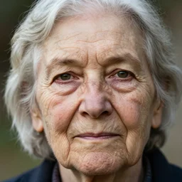 The portrait is of an elderly woman. She has wrinkles on her forehead and around her eyes. Her skin is dry and pale, her hair is white and thin, and she has a small mole on her chin. All the pores of the skin are visible. by Mark Mann and Steve McCurry. Rembrandt. Nikon D850. Sigma 85mm F1.4 DG HSM A. Aperture f/3.5. Shutter speed 1/60. ISO 1600
